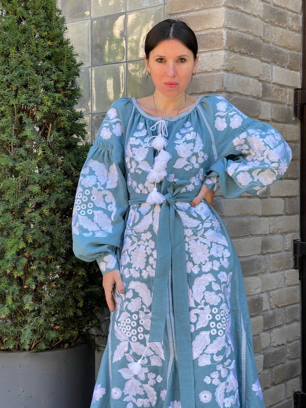 Boho Dress Embroidered, Blue linen Dress, boho chic Vyshyvanka Dress Ukrainian embroidery Vita Kin style 