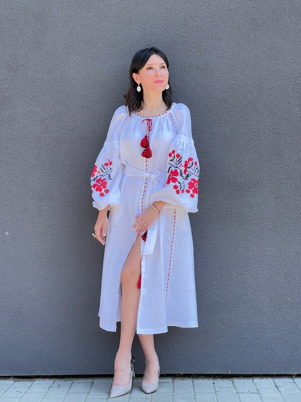 Boho dress embroidered, White linen, style boho chic, Bohemian Vyshyvanka Dress Multi Color Embroidery Linen, Ukrainian embroidery