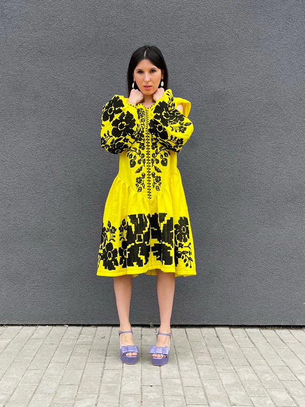  Yellow Dress Vyshyvanka Linen, Ukrainian embroidery, Yellow Dress Boho