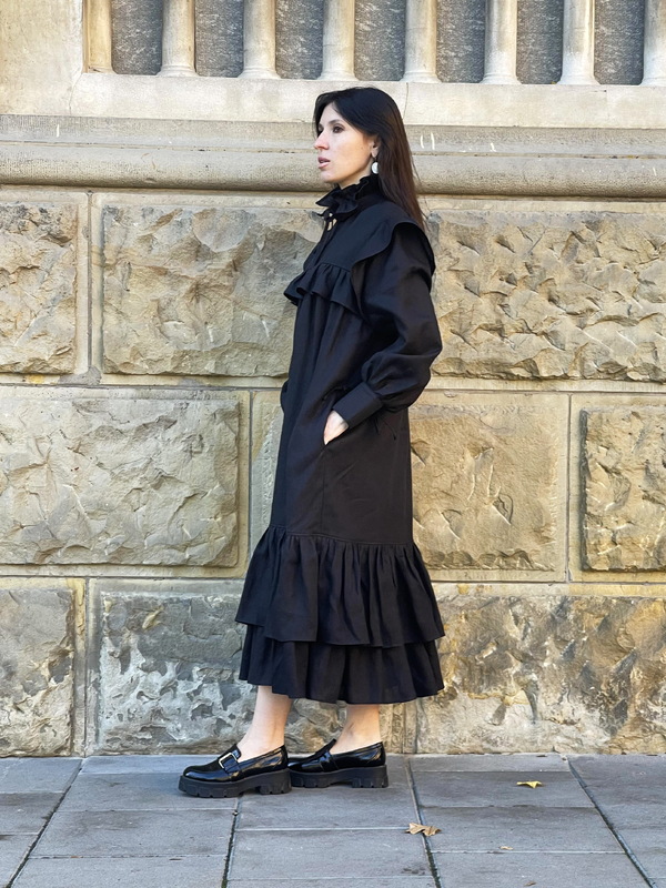 Stylish Black Dress Linen, Exclusive Evening Dress with Ruffles and Flounces