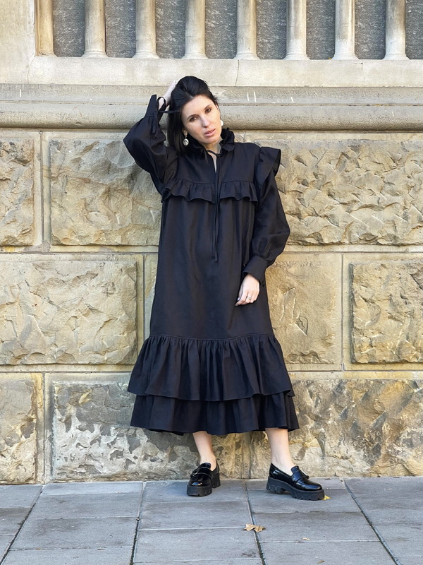 Stylish Black Dress Linen, Exclusive Evening Dress with Ruffles and Flounces