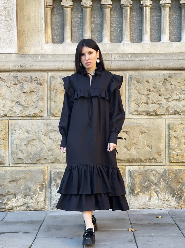 Stylish Black Dress Linen, Exclusive Evening Dress with Ruffles and Flounces