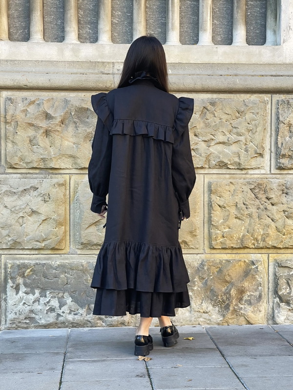 Stylish Black Dress Linen, Exclusive Evening Dress with Ruffles and Flounces
