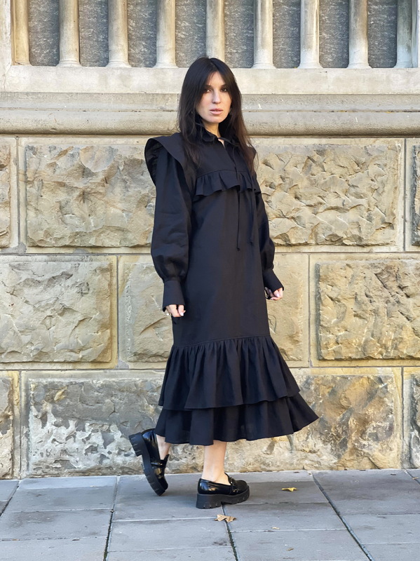 Stylish Black Dress Linen, Exclusive Evening Dress with Ruffles and Flounces