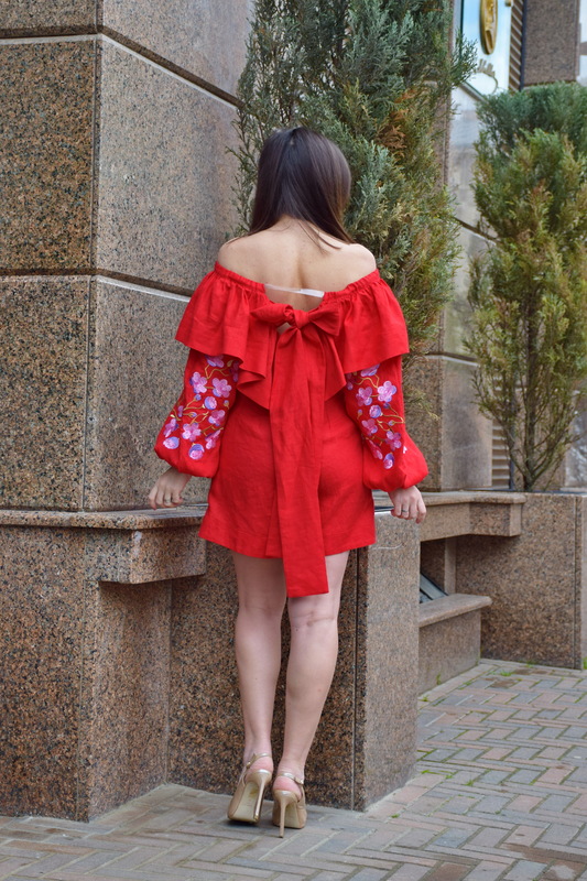 Red Overalls embroidered, Embroidered stylish jumpsuit embroidered linen