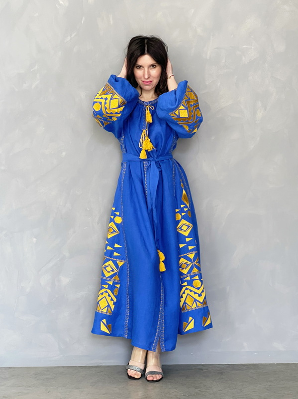 Dress Embroidered Vyshyvanka Blue Maxi Dress Multi Color Embroidery Linen Dress Ukrainian