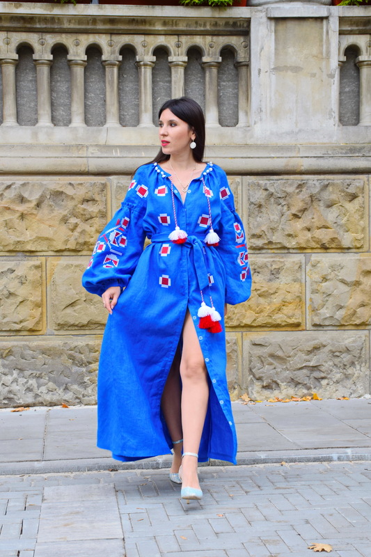 Dress Embroidered Blue Maxi Dress Multi Color Embroidery Linen Dress Ukrainian