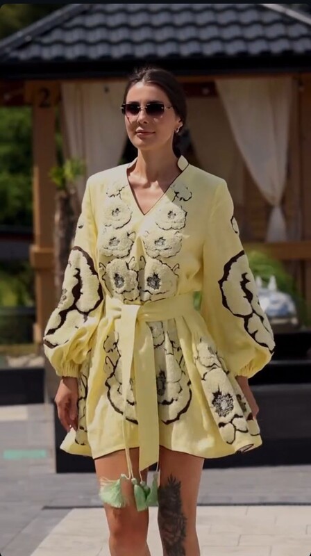  Embroidered Dress Linen Mini Dress Vyshyvanka Volume Embroidery