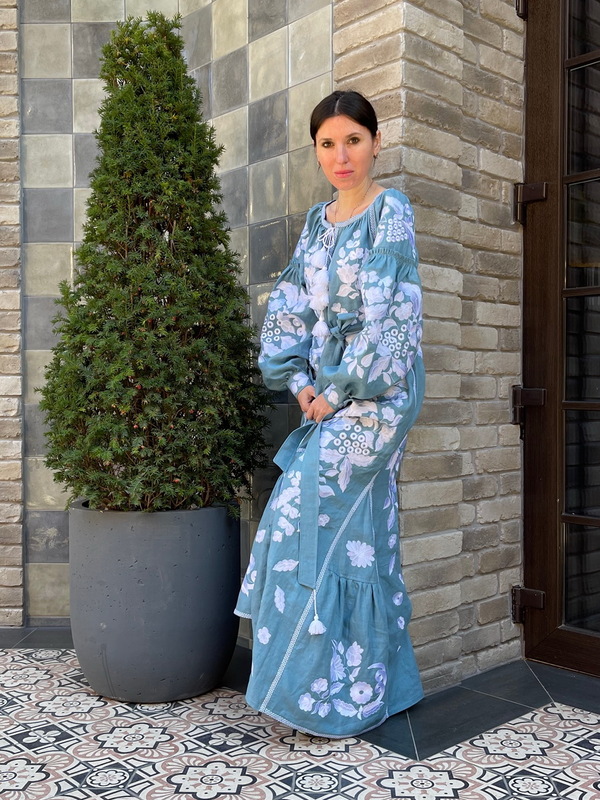 Boho Dress Embroidered, Blue linen Dress, boho chic Vyshyvanka Dress Ukrainian embroidery Vita Kin style 