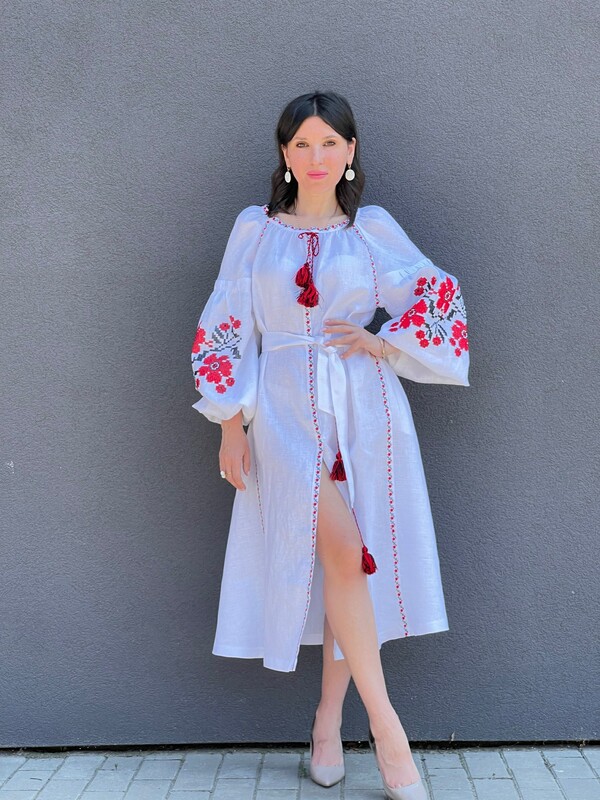 Boho dress embroidered, White linen, style boho chic, Bohemian Vyshyvanka Dress Multi Color Embroidery Linen, Ukrainian embroidery