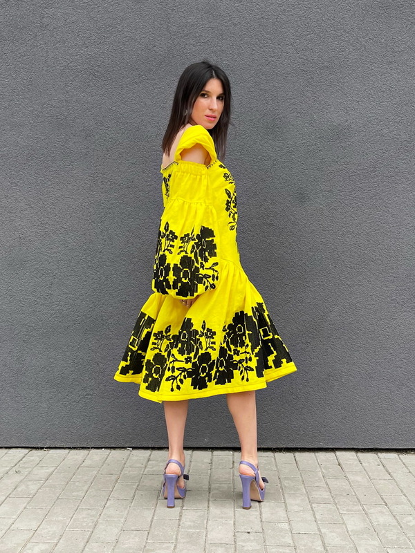 Yellow Dress Vyshyvanka Linen, Ukrainian embroidery, Yellow Dress Boho