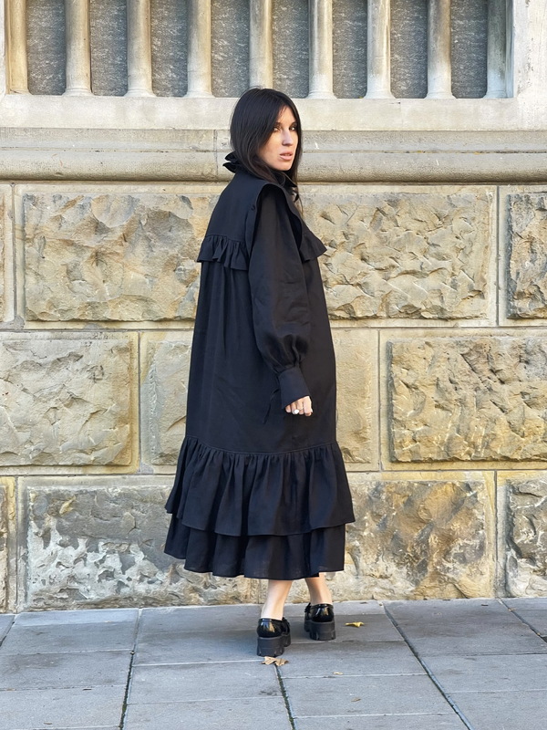 Stylish Black Dress Linen, Exclusive Evening Dress with Ruffles and Flounces