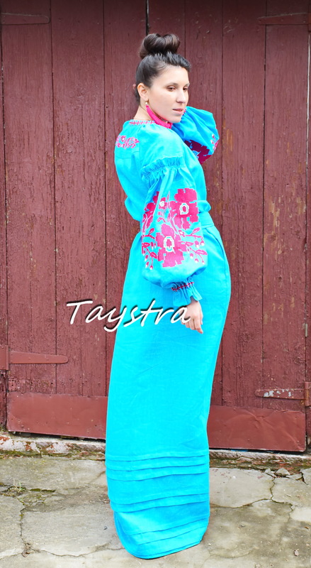 Embroidered Evening Maxi Dress, Turquoise Dress Boho Linen, ethno, style boho chic, for the wedding, Multi Color Embroidery Linen Dress