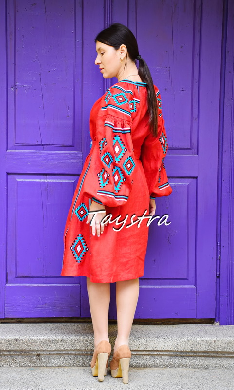Gypsy Style Embroidered Dress Red Linen, ethno style boho chic, Bohemian Vyshyvanka Dress Multi Color Embroidery Linen, Ukrainian embroidery