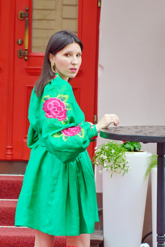 Green Dress Vyshyvanka Multi Color Embroidery Linen, Ukrainian embroidery, Green Robe Dress