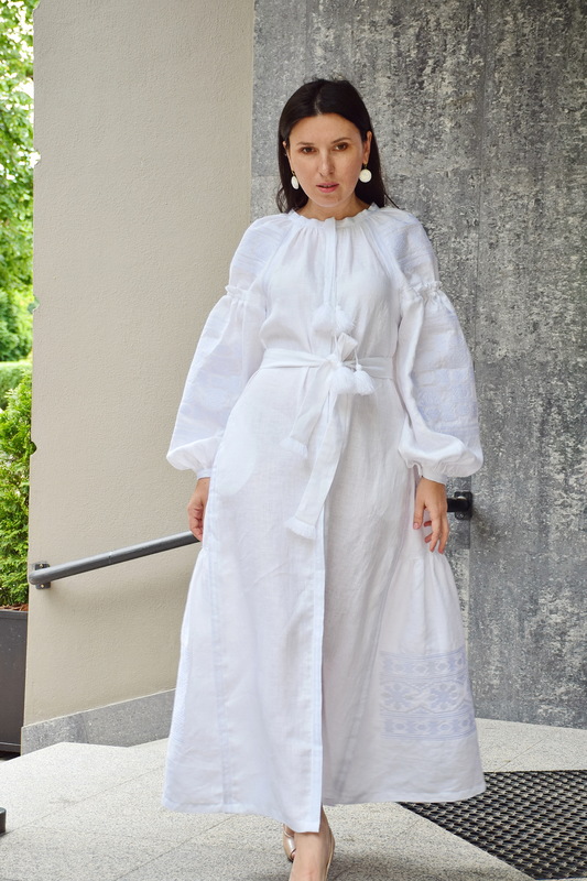 White Dress Ukrainian embroidery, Dress Embroidered Vyshyvanka, Evening Maxi Dress  