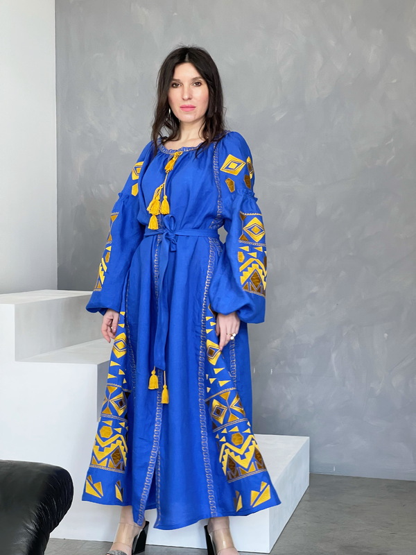 Dress Embroidered Vyshyvanka Blue Maxi Dress Multi Color Embroidery Linen Dress Ukrainian
