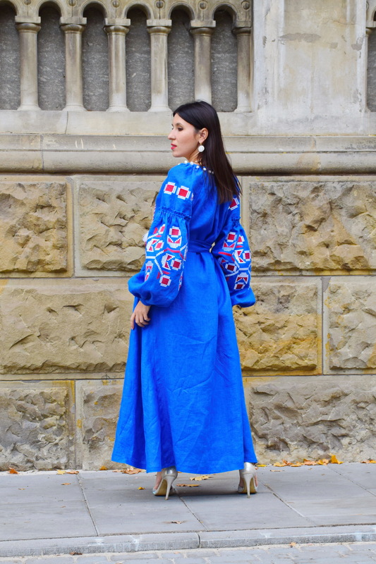 Dress Embroidered Blue Maxi Dress Multi Color Embroidery Linen Dress Ukrainian