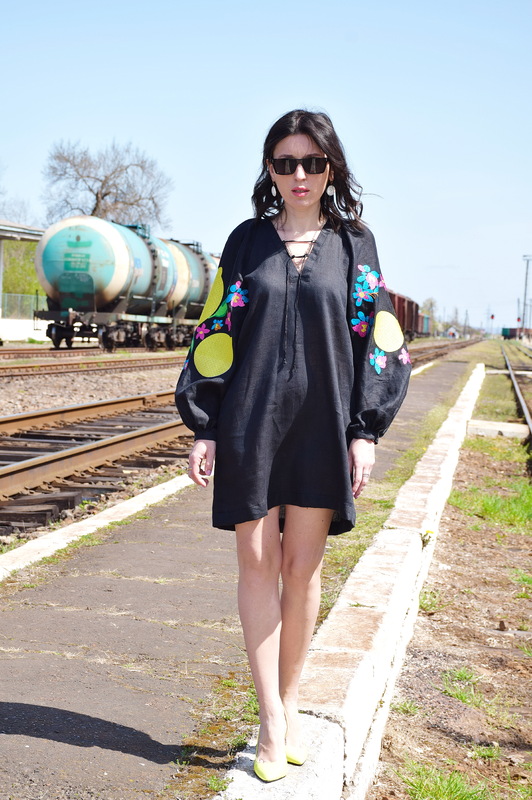 Linen Short Black Dress Embroidered Vyshyvanka Dress Embroidery Dress Ukrainian