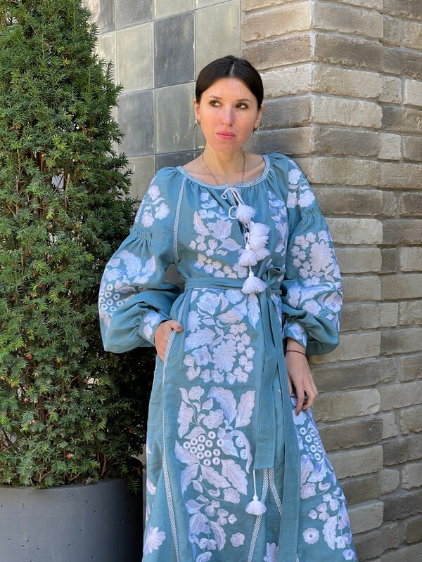 Boho Dress Embroidered, Blue linen Dress, boho chic Vyshyvanka Dress Ukrainian embroidery Vita Kin style 