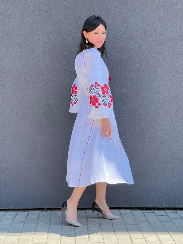 Boho dress embroidered, White linen, style boho chic, Bohemian Vyshyvanka Dress Multi Color Embroidery Linen, Ukrainian embroidery