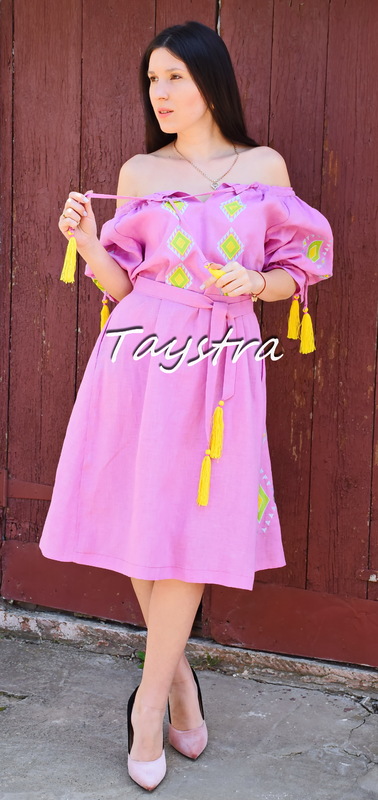 Pink Dress Gypsy Style, Embroidered Dress Linen,Vyshyvanka Dress Multi Color Embroidery Linen, Ukrainian embroidery Rose Dress
