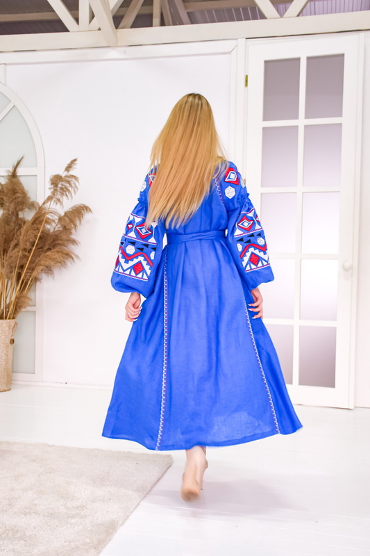 Dress Vyshyvanka Blue Dress Multi Color Embroidery Linen Dress Ukrainian