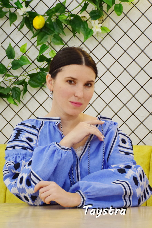 Vyshyvanka Embroidered, Blouse Blue Linen, ethno style boho chic, Bohemian Vyshyvanka Ukrainian embroidery
