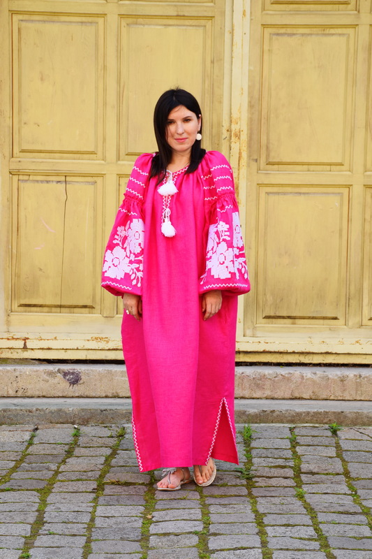 Pink Dress Color Embroidery Linen Bohemian Vyshyvanka Ukrainian embroidery Tunic 