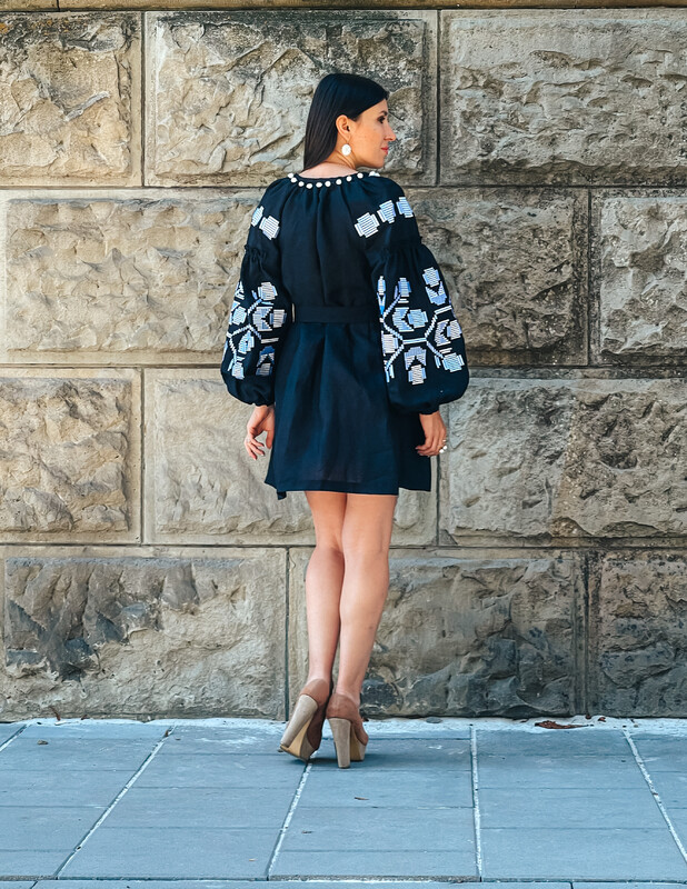 Short Black Dress Embroidered Vyshyvanka Dress Linen Ukrainian