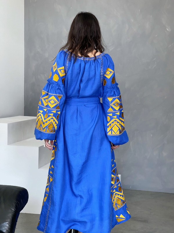 Dress Embroidered Vyshyvanka Blue Maxi Dress Multi Color Embroidery Linen Dress Ukrainian