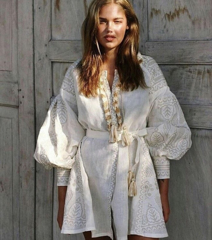 Embroidered Мidi Dress Vyshyvanka Beige Dress Ukrainian embroidery, style boho chic