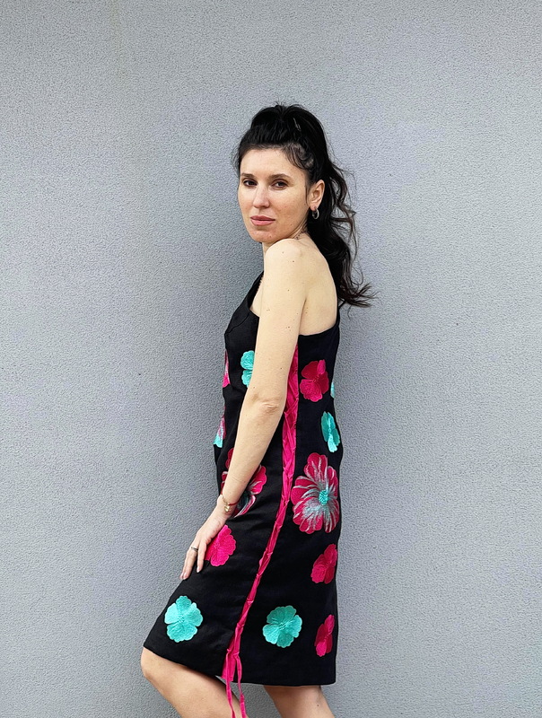 Black Dress Multi Color Floral Embroidery Linen Dress Ukrainian embroidery Dress Embroidered Vyshyvanka