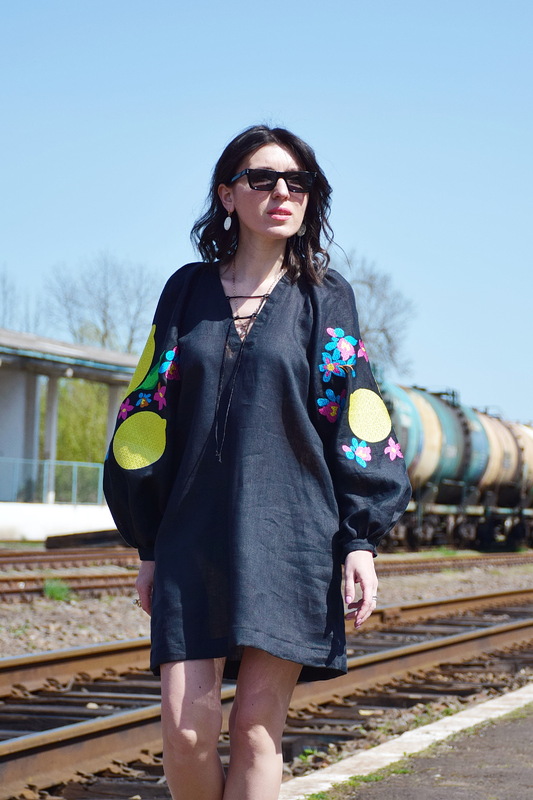 Linen Short Black Dress Embroidered Vyshyvanka Dress Embroidery Dress Ukrainian