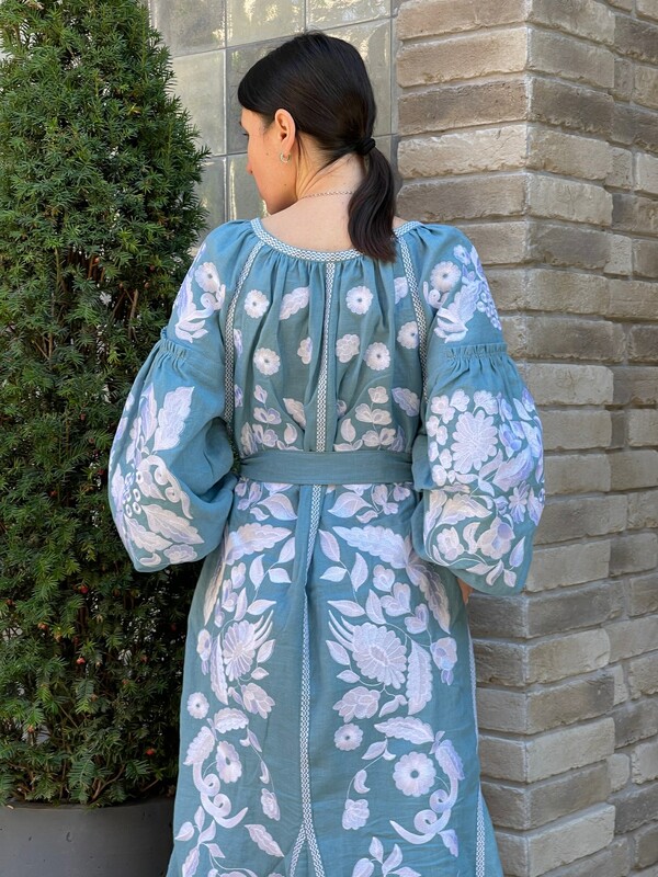 Boho Dress Embroidered, Blue linen Dress, boho chic Vyshyvanka Dress Ukrainian embroidery Vita Kin style 