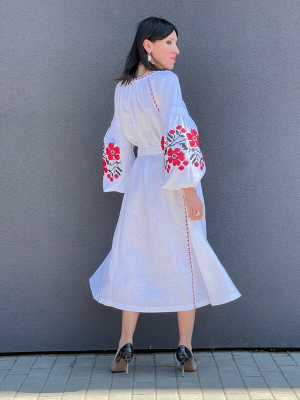 Boho dress embroidered, White linen, style boho chic, Bohemian Vyshyvanka Dress Multi Color Embroidery Linen, Ukrainian embroidery