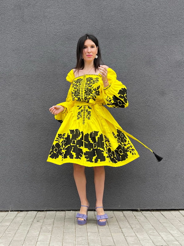  Yellow Dress Vyshyvanka Linen, Ukrainian embroidery, Yellow Dress Boho