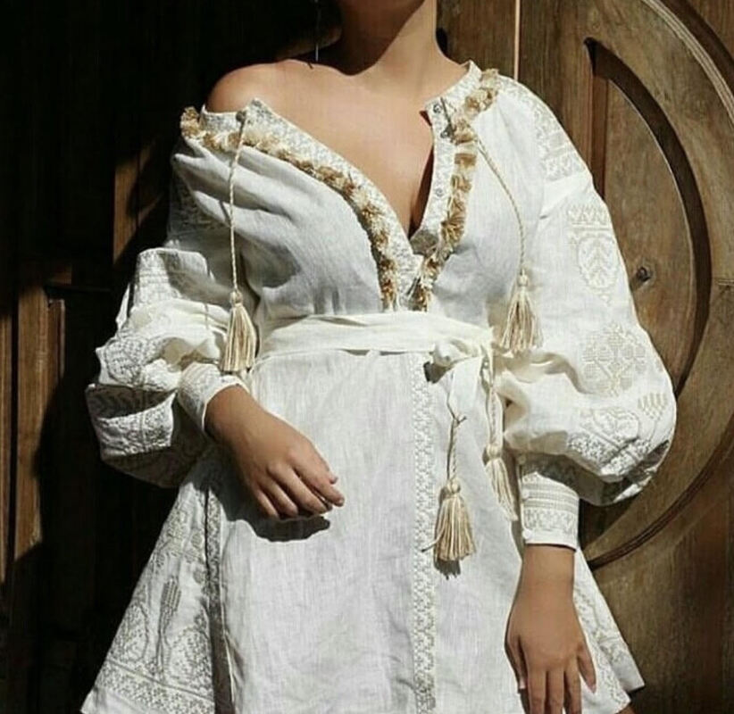 Embroidered Мidi Dress Vyshyvanka Beige Dress Ukrainian embroidery, style boho chic