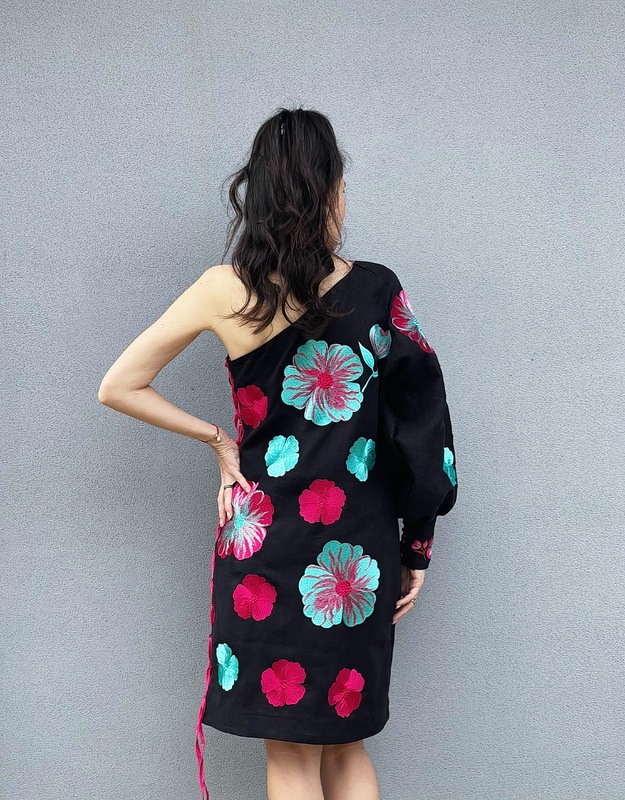 Black Dress Multi Color Floral Embroidery Linen Dress Ukrainian embroidery Dress Embroidered Vyshyvanka