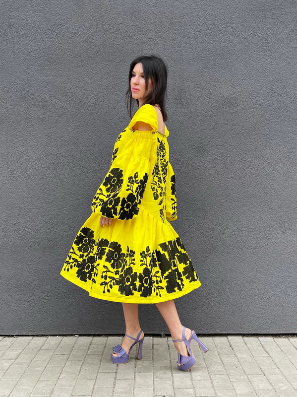  Yellow Dress Vyshyvanka Linen, Ukrainian embroidery, Yellow Dress Boho