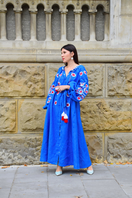Dress Embroidered Blue Maxi Dress Multi Color Embroidery Linen Dress Ukrainian