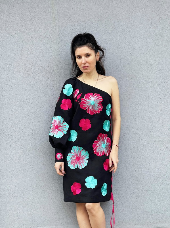 Black Dress Multi Color Floral Embroidery Linen Dress Ukrainian embroidery Dress Embroidered Vyshyvanka