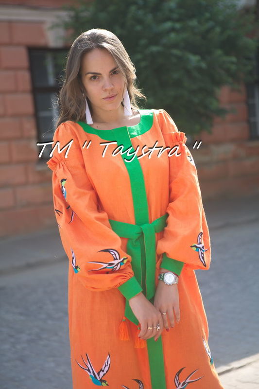 Orange dress boho embroidered linen, ethno, style boho chic, Bohemian Vyshyvanka Dress Multi Color Embroidery Linen, Ukrainian embroidery 