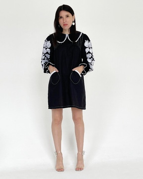 A-line Dress Embroidered Vyshyvanka, Black Dress with Collar