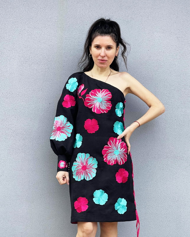 Black Dress Multi Color Floral Embroidery Linen Dress Ukrainian embroidery Dress Embroidered Vyshyvanka
