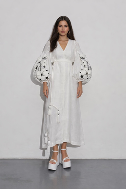 White Evening Maxi Dress Volumetric Embroidery Linen Dress Embroidered Vyshyvanka