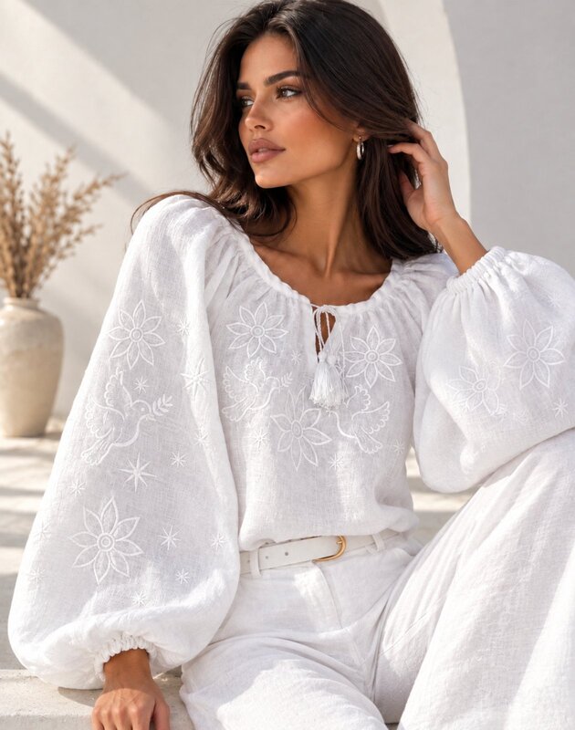 Blouse Boho Embroidered Vyshyvanka White Ukrainian Linen Embroidered Blouse