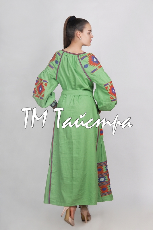 Boho dress embroidered, Green Dress linen, Maxi Dress, ethno, style boho chic, Bohemian Vyshyvanka Dress Multi Color Embroidery Linen, Ukrainian embroidery
