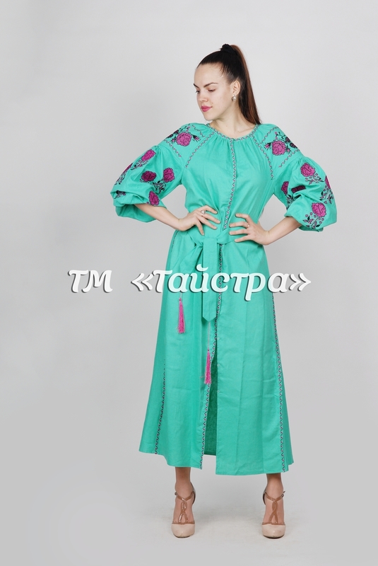 Vyshyvanka, Green Dress, Ukrainian embroidery, Boho, ethno, style boho chic, Embroidered dress, Multi Color Embroidery Linen