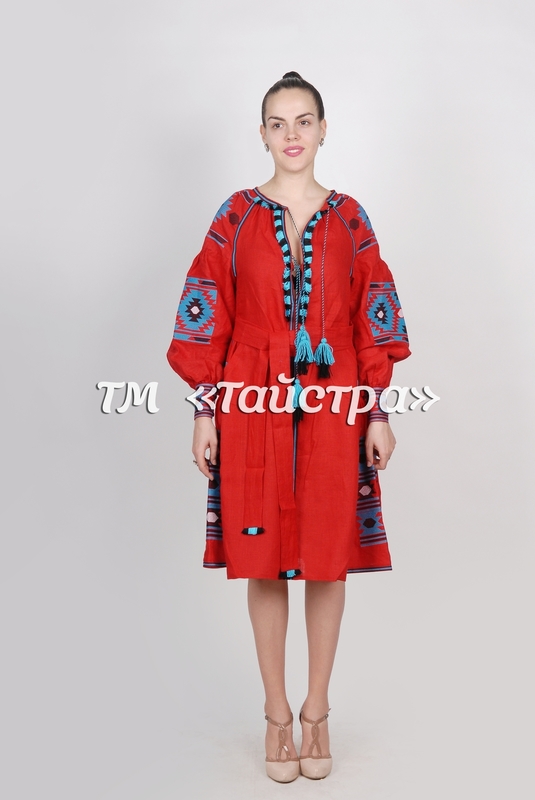 Red Midi Dress, Ukrainian embroidery, Boho, ethno, style boho chic, Embroidered dress, Multi Color Embroidery Linen